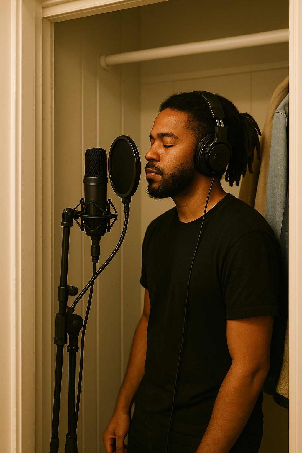Artist recording vocals in a home studio using microphone and headphones while reading lyrics from a notebook — professional vocal recording, songwriting, and sound engineering session by 6iC Studios, creative music production brand.”