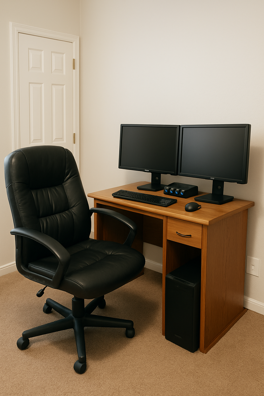 “Professional home studio workspace with dual computer monitors, sound interface, keyboard, and leather office chair — recording and music production setup by 6iC Studios designed for clean vocal mixing, sound engineering, and creative workflow.”