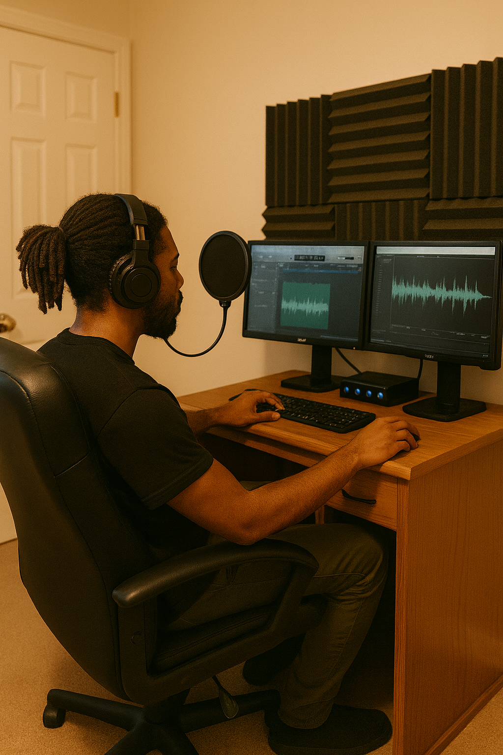 “Audio engineer mixing vocals in professional home studio with dual monitors and microphone — sound editing, recording, and music production by 6iC Studios for artists seeking clean, polished vocal sound and professional FL Studio mixing workflow.”